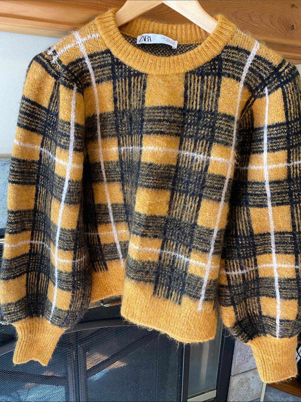 ZARA Mustard Plaid Crew Sweater with Black & White Lines